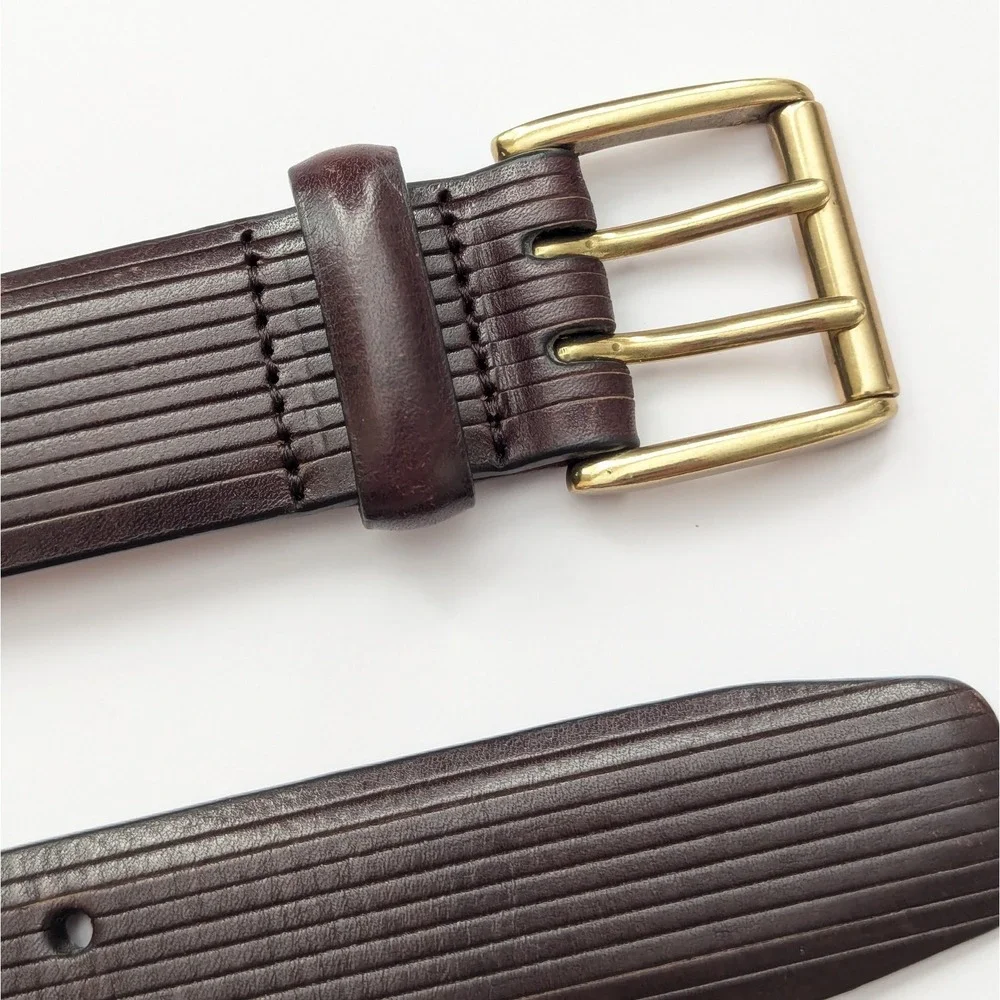 Cole Haan Mens 36 Brown Etched Leather Belt Solid Brass Buckle Double Prong